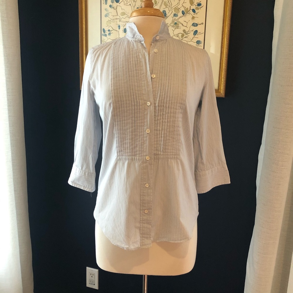 J Crew 3/4 Sleeve White Blue Striped Button Down 4